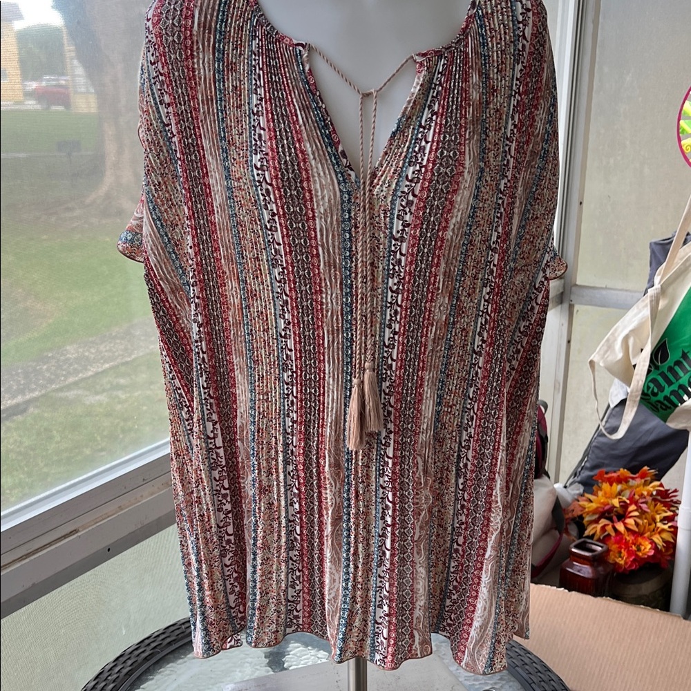 CJ Banks Multicolor Striped Blouse with Tassel Tie